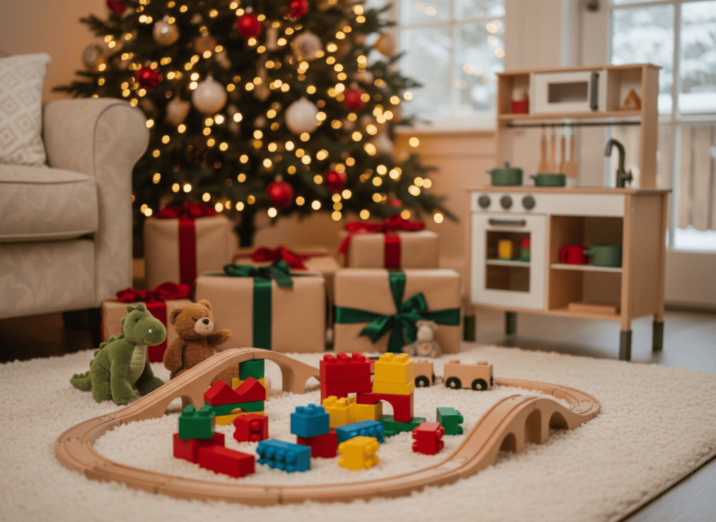 Wooden toy train, colourful building bricks, soft plush toys and wrapped presents on a rug beside a Christmas tree